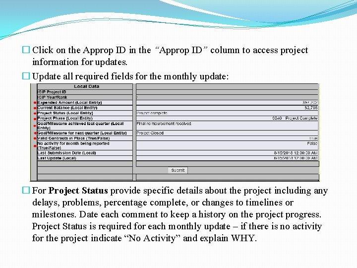 � Click on the Approp ID in the “Approp ID” column to access project