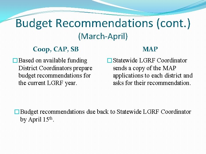 Budget Recommendations (cont. ) (March-April) Coop, CAP, SB �Based on available funding District Coordinators
