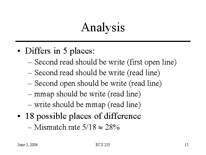 Analysis • Differs in 5 places: – Second read should be write (first open