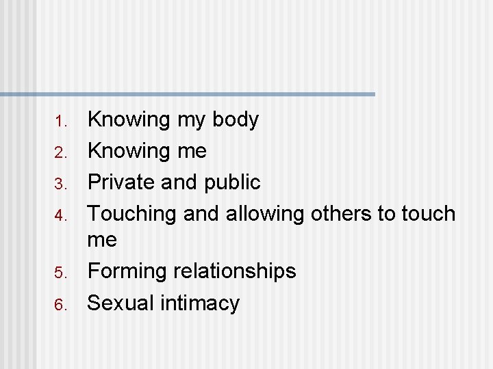 1. 2. 3. 4. 5. 6. Knowing my body Knowing me Private and public