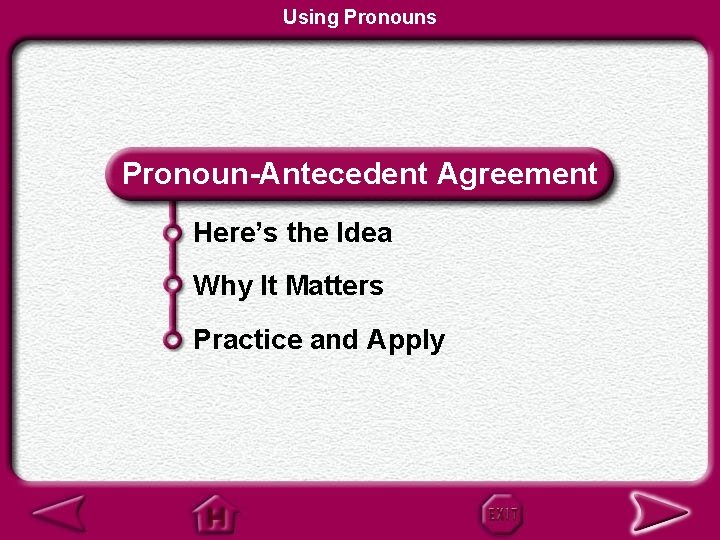 Using Pronouns Pronoun-Antecedent Agreement Here’s the Idea Why It Matters Practice and Apply 