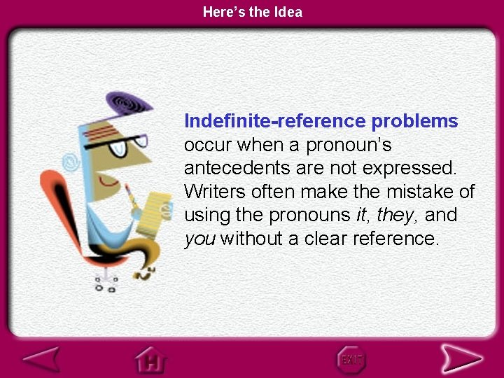 Here’s the Idea Indefinite-reference problems occur when a pronoun’s antecedents are not expressed. Writers