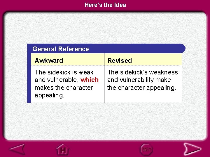 Here’s the Idea General Reference Awkward Revised The sidekick is weak and vulnerable, which