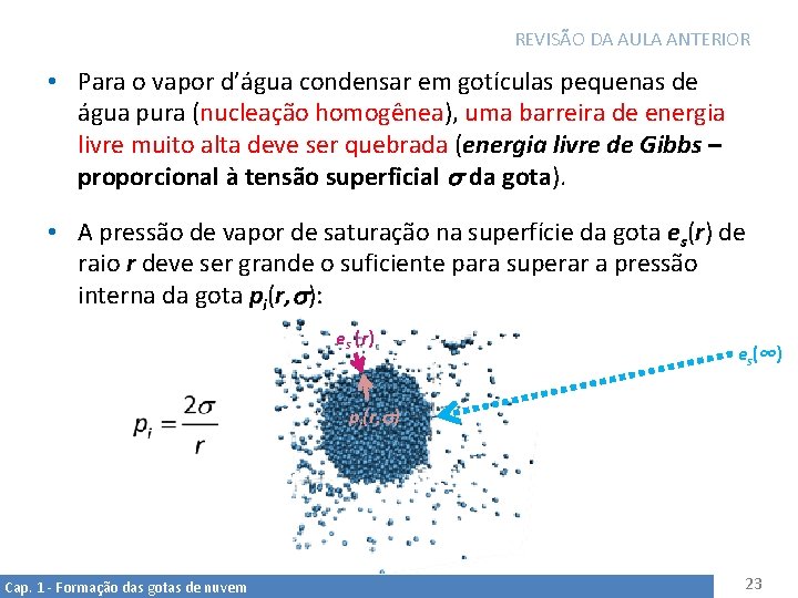 REVISÃO DA AULA ANTERIOR • Para o vapor d’água condensar em gotículas pequenas de