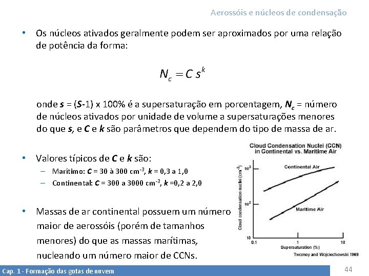 Aerossóis e núcleos de condensação • Os núcleos ativados geralmente podem ser aproximados por