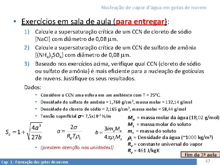 Nucleação de vapor d’água em gotas de nuvem • Exercícios em sala de aula