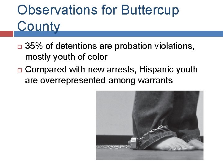 Observations for Buttercup County 35% of detentions are probation violations, mostly youth of color
