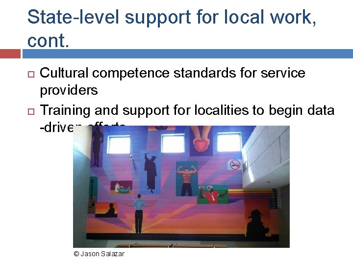 State-level support for local work, cont. Cultural competence standards for service providers Training and