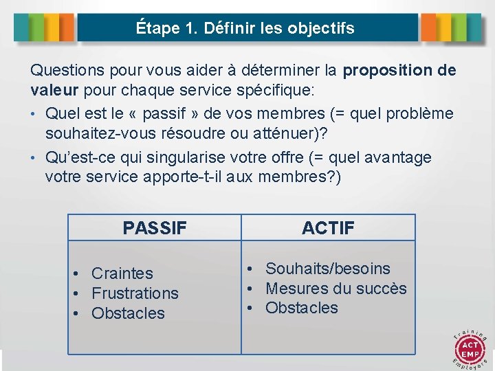 Étape 1. Définir les objectifs Questions pour vous aider à déterminer la proposition de