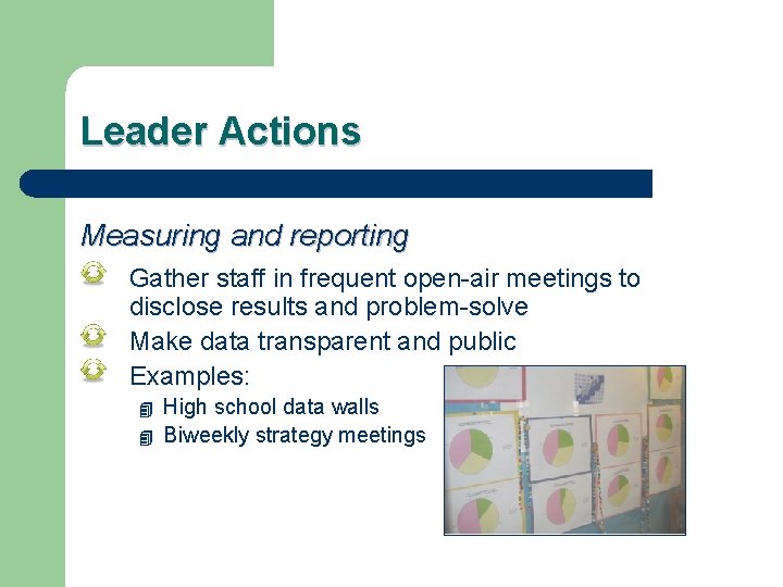 Leader Actions Measuring and reporting Gather staff in frequent open-air meetings to disclose results
