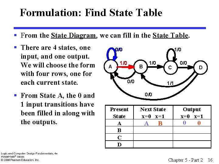 Formulation: Find State Table § From the State Diagram, we can fill in the