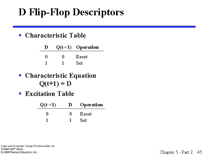 D Flip-Flop Descriptors § Characteristic Table D Q(t + 1) Operation 0 1 Reset