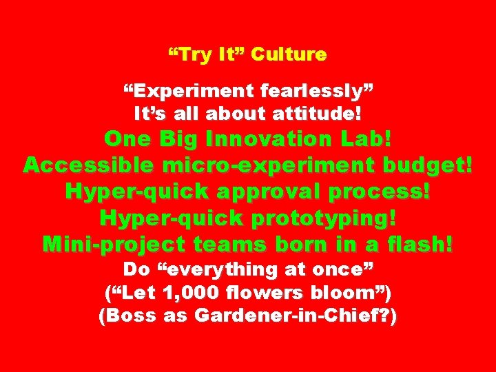 “Try It” Culture “Experiment fearlessly” It’s all about attitude! One Big Innovation Lab! Accessible