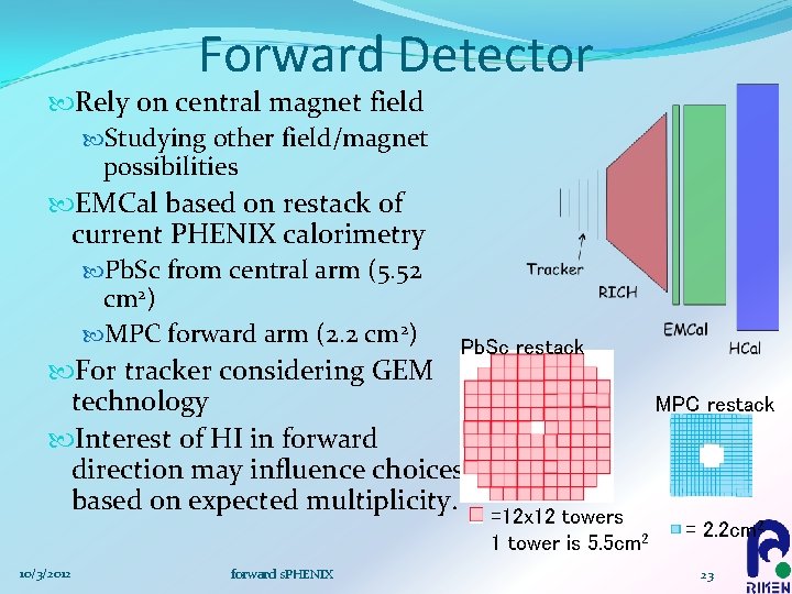 Forward Detector Rely on central magnet field Studying other field/magnet possibilities EMCal based on