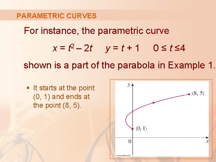 PARAMETRIC CURVES For instance, the parametric curve x = t 2 – 2 t