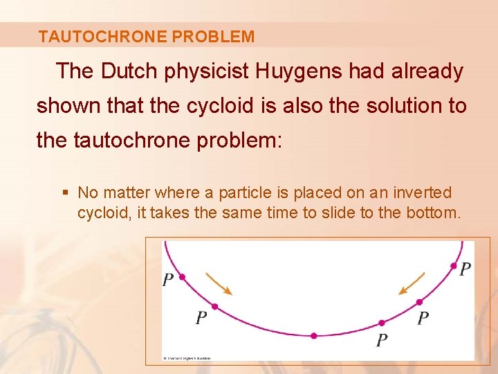 TAUTOCHRONE PROBLEM The Dutch physicist Huygens had already shown that the cycloid is also