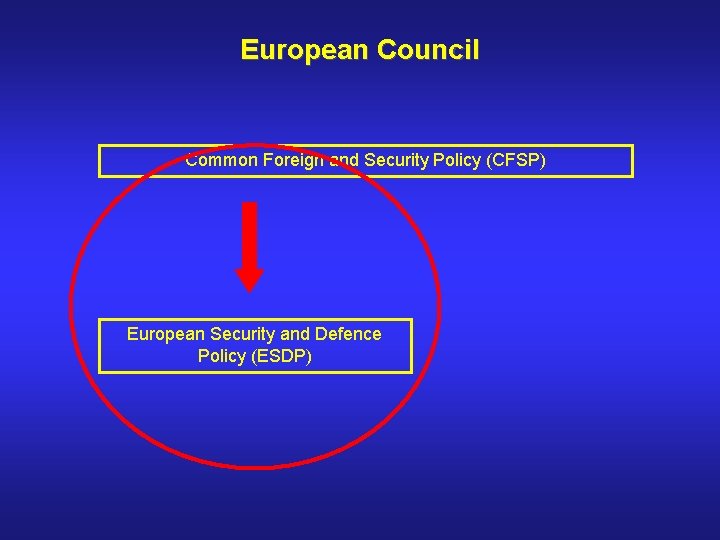 European Council Common Foreign and Security Policy (CFSP) European Security and Defence Policy (ESDP)