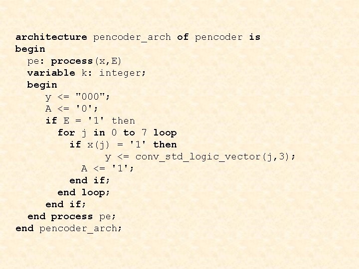 architecture pencoder_arch of pencoder is begin pe: process(x, E) variable k: integer; begin y
