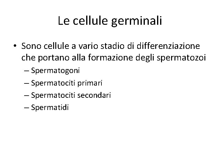 Le cellule germinali • Sono cellule a vario stadio di differenziazione che portano alla