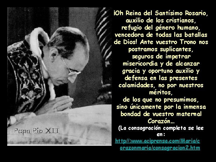 ¡Oh Reina del Santísimo Rosario, auxilio de los cristianos, refugio del género humano, vencedora