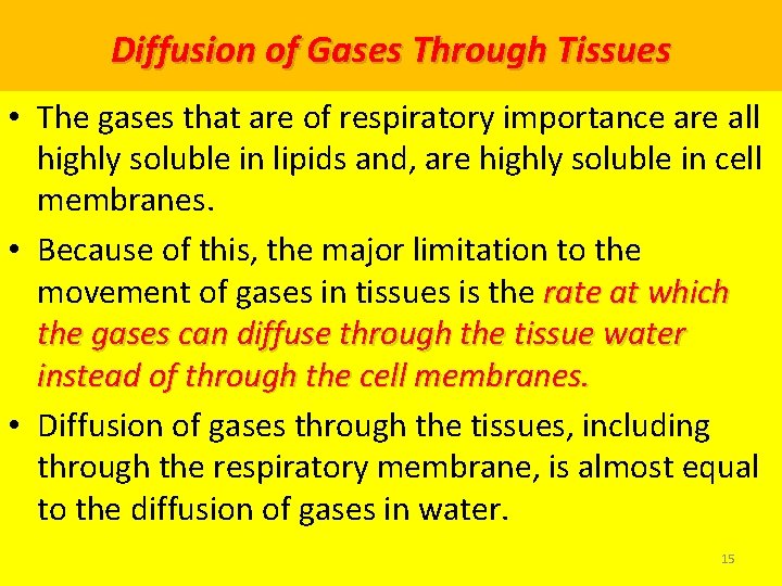 Diffusion of Gases Through Tissues • The gases that are of respiratory importance are