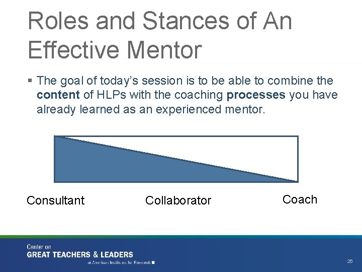 Roles and Stances of An Effective Mentor § The goal of today’s session is