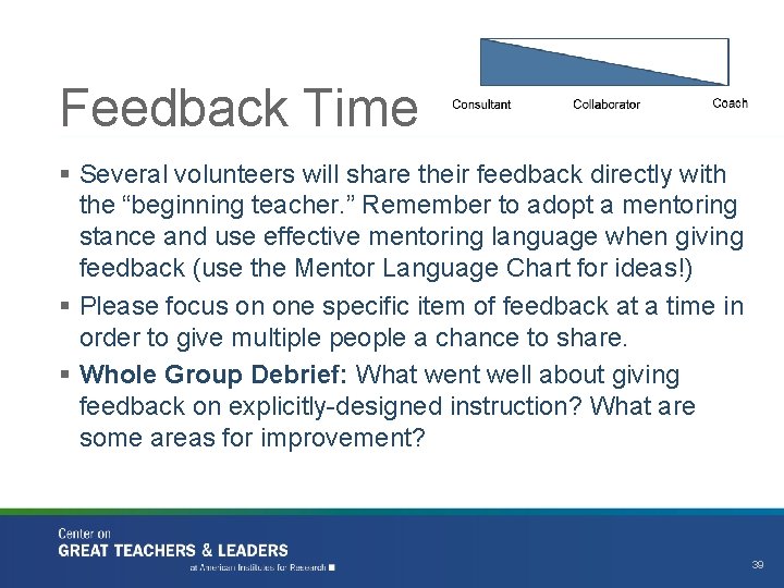 Feedback Time § Several volunteers will share their feedback directly with the “beginning teacher.