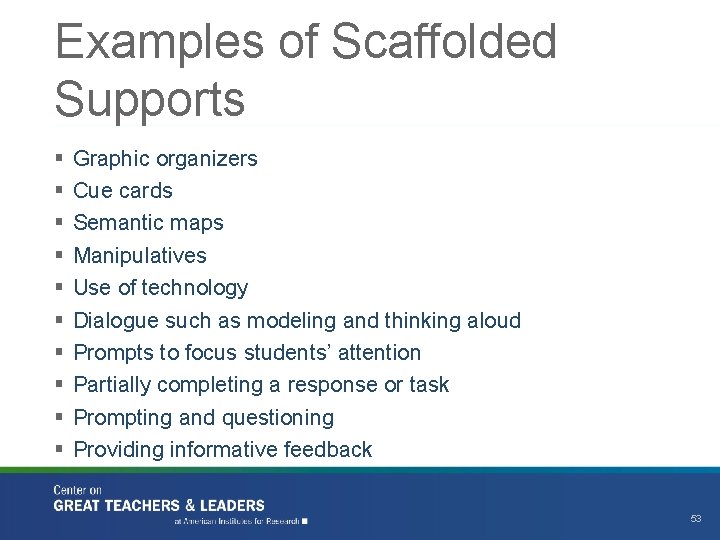 Examples of Scaffolded Supports § § § § § Graphic organizers Cue cards Semantic