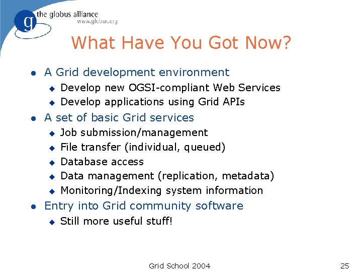 What Have You Got Now? l A Grid development environment u u l A What Have You Got Now? l A Grid development environment u u l A