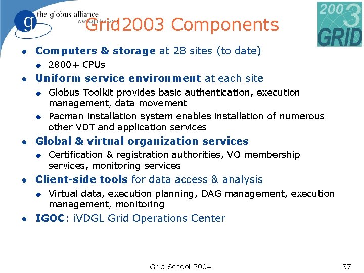 Grid 2003 Components l Computers & storage at 28 sites (to date) u l Grid 2003 Components l Computers & storage at 28 sites (to date) u l