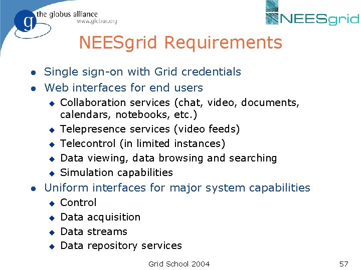 NEESgrid Requirements l l Single sign-on with Grid credentials Web interfaces for end users NEESgrid Requirements l l Single sign-on with Grid credentials Web interfaces for end users