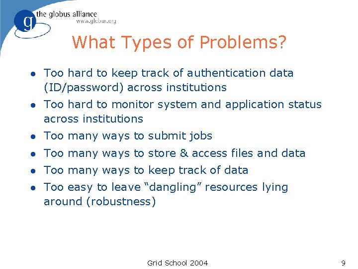 What Types of Problems? l Too hard to keep track of authentication data (ID/password) What Types of Problems? l Too hard to keep track of authentication data (ID/password)
