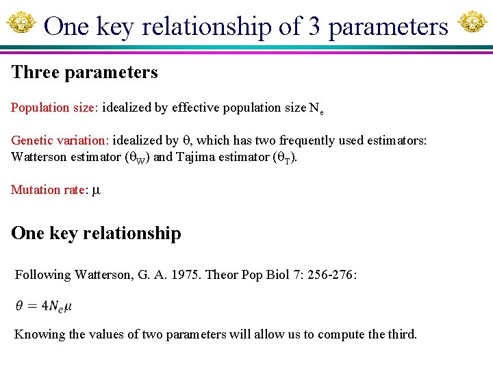 One key relationship of 3 parameters Three parameters Population size: idealized by effective population