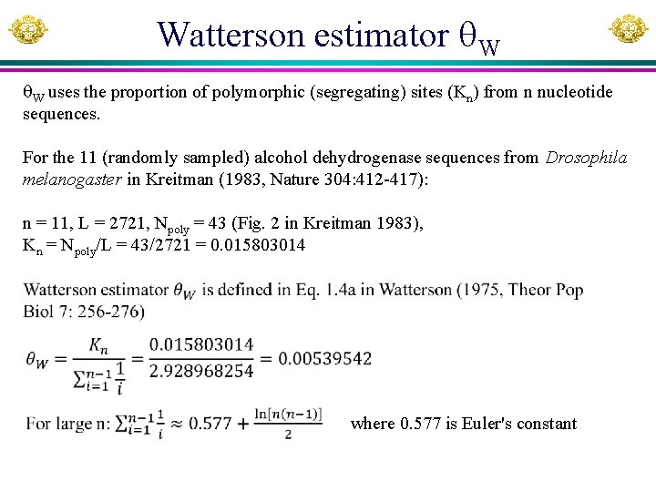 Watterson estimator W W uses the proportion of polymorphic (segregating) sites (Kn) from n