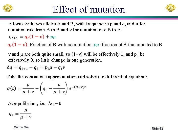 Effect of mutation A locus with two alleles A and B, with frequencies p