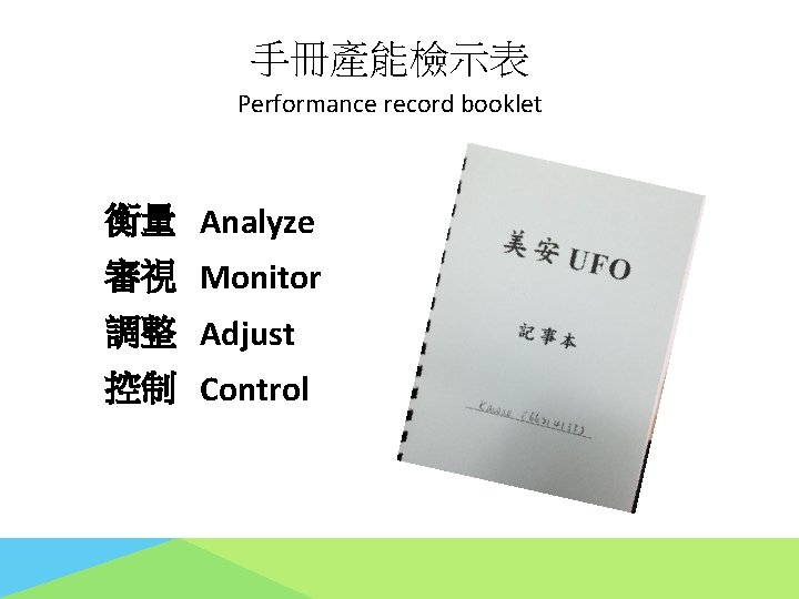 手冊產能檢示表 Performance record booklet 衡量 Analyze 審視 Monitor 調整 Adjust 控制 Control 
