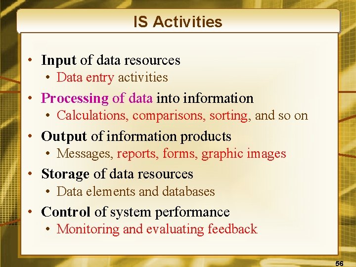IS Activities • Input of data resources • Data entry activities • Processing of