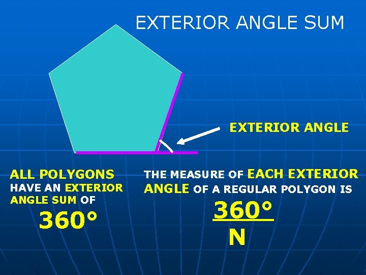 EXTERIOR ANGLE SUM EXTERIOR ANGLE ALL POLYGONS HAVE AN EXTERIOR ANGLE SUM OF 360°