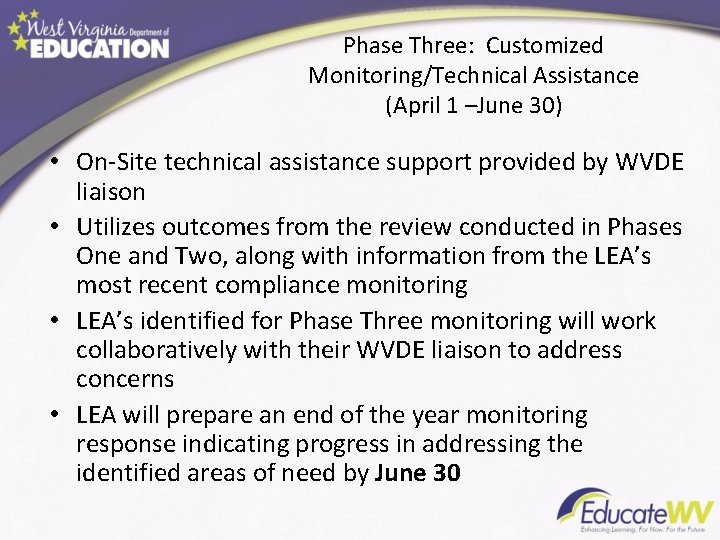 Phase Three: Customized Monitoring/Technical Assistance (April 1 –June 30) • On-Site technical assistance support