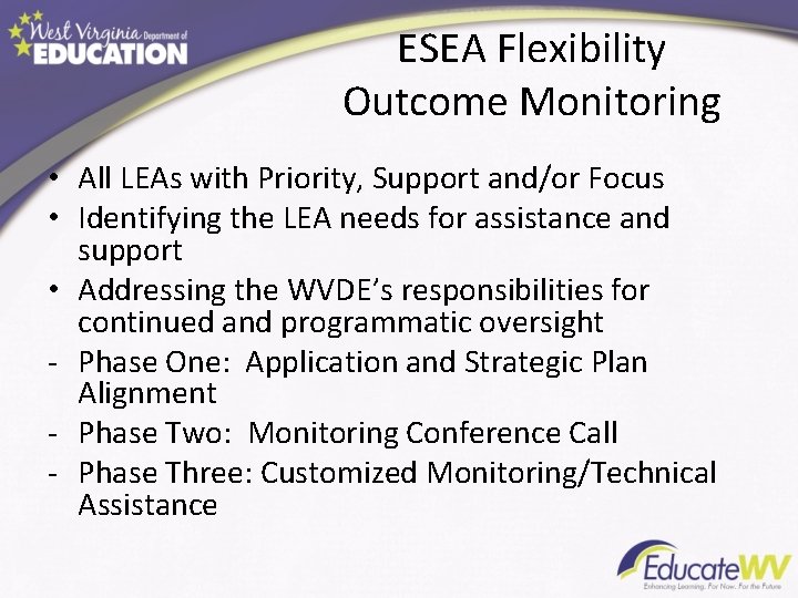 ESEA Flexibility Outcome Monitoring • All LEAs with Priority, Support and/or Focus • Identifying