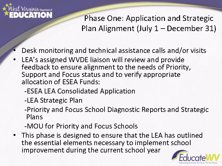 Phase One: Application and Strategic Plan Alignment (July 1 – December 31) • Desk