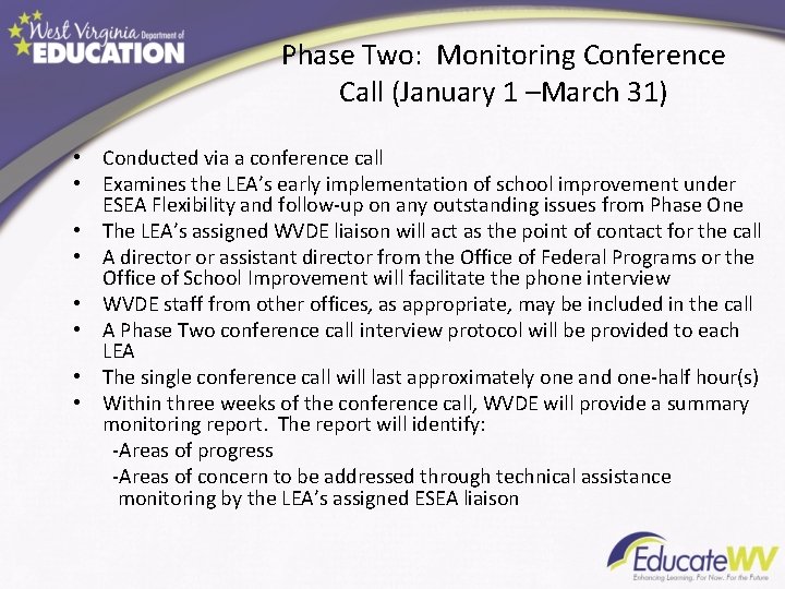 Phase Two: Monitoring Conference Call (January 1 –March 31) • Conducted via a conference