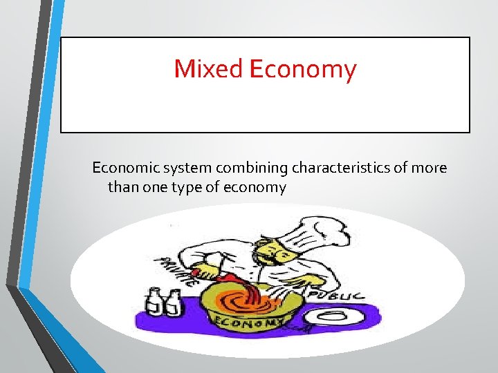 Mixed Economy Economic system combining characteristics of more than one type of economy 