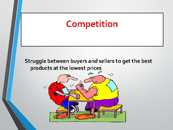 Competition Struggle between buyers and sellers to get the best products at the lowest