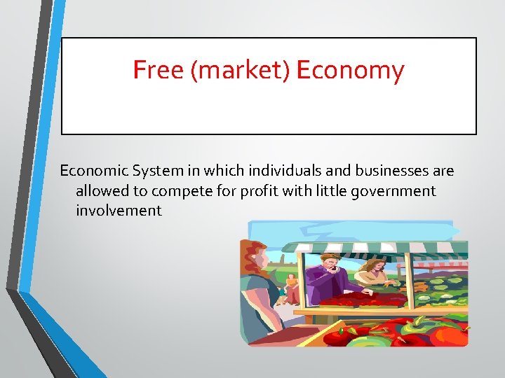 Free (market) Economy Economic System in which individuals and businesses are allowed to compete