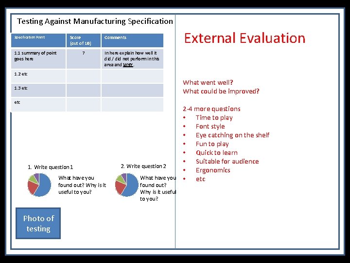 Testing Against Manufacturing Specification Point Score (out of 10) 1. 1 summary of point