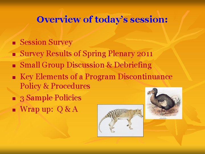 Overview of today’s session: n n n Session Survey Results of Spring Plenary 2011