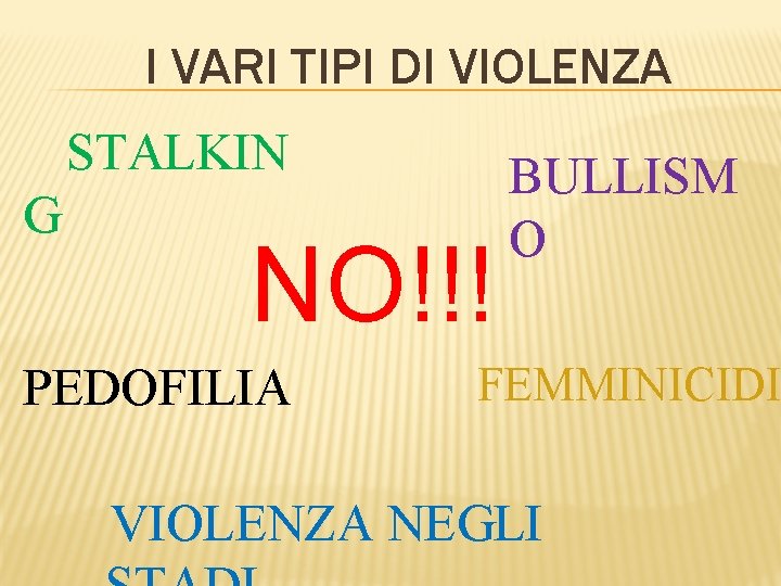 I VARI TIPI DI VIOLENZA STALKIN G NO!!! PEDOFILIA BULLISM O FEMMINICIDI VIOLENZA NEGLI