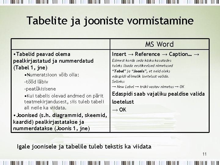 Tabelite ja jooniste vormistamine MS Word • Tabelid peavad olema pealkirjastatud ja nummerdatud (Tabel