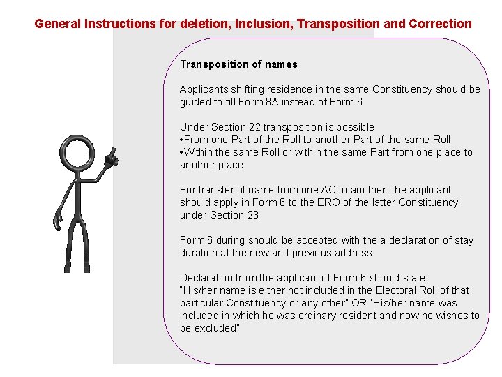 General Instructions for deletion, Inclusion, Transposition and Correction Transposition of names Applicants shifting residence